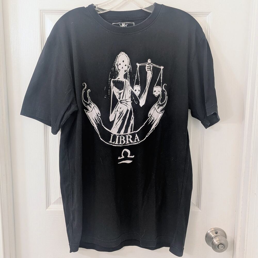 Any Means Necessary Libra Zodiac Goth Skeleton Graphic T Shirt L Black